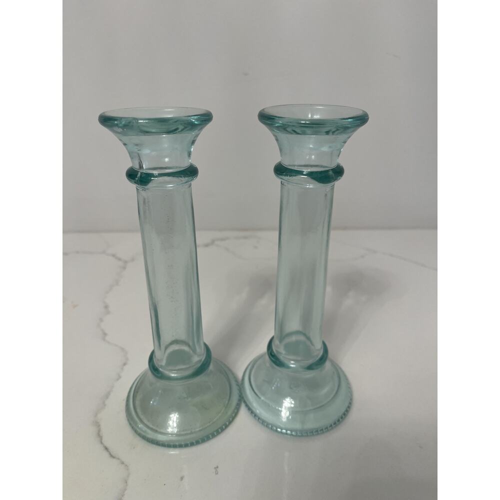Candlesticks Glass Clear Green Hue 7.75"  Pair Veretria